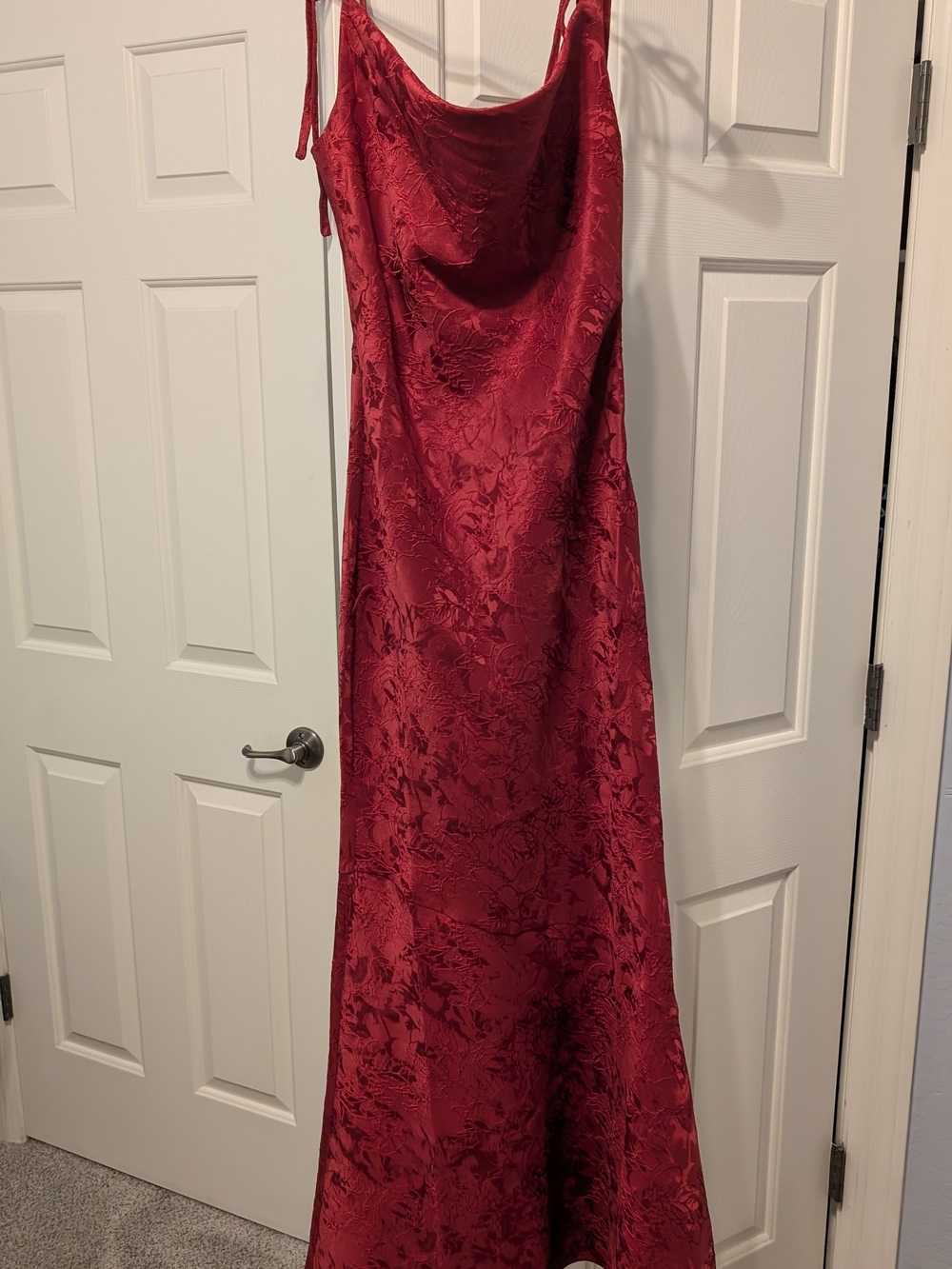 Red Cowl Neck Satin Prom Dress with Jacquard Texture